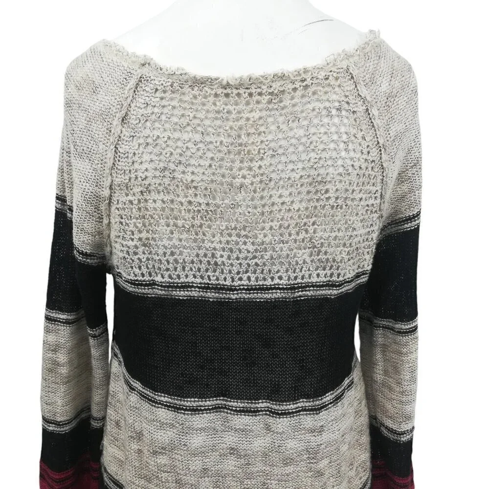 Free People Open Knit Tunic Hi Low Sweater Size S Striped Boho Bohemian Beige